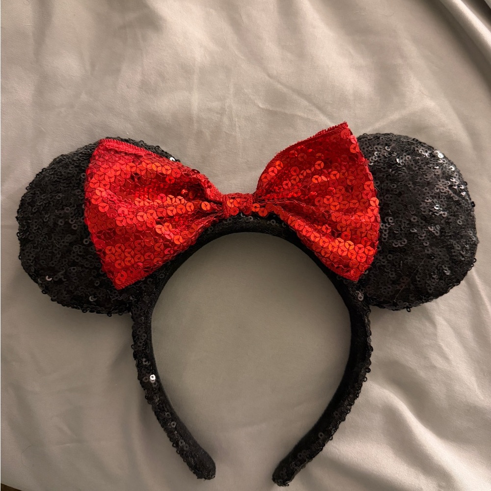 Sequin Minnie Mouse Ears Headband with Red Bow
